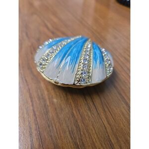 Bejeweled Blue and Gold Tone Sea Shell Shaped Trinket Box with Magnetic Closure
